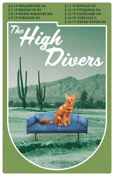 Couchyote cacti cactus collage couch couchsurfing desert futon gig poster mountains tour poster