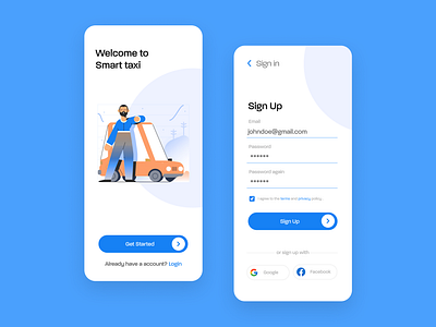 Smart Taxi Login Sign Up UI app blue branding clean design fresh login login screen minimal mobile mobile app mobile design mobile ui register sign sign in sign up signup ui ux