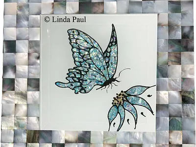 blue butterfly and flower hand made mother of pearl mosaic art art tile artist backsplash butterfly art custom art hand made tile mosaic mother of pearl