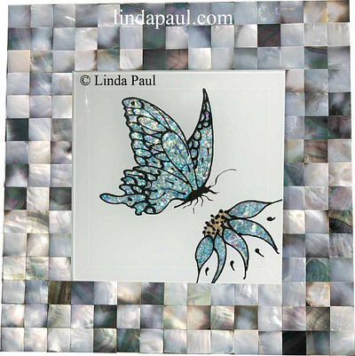 blue butterfly and flower hand made mother of pearl mosaic art art tile artist backsplash butterfly art custom art hand made tile mosaic mother of pearl