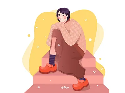 woman sitting on the stairs in a flat illustration animation art branding design flat illustration illustrator logo minimal vector