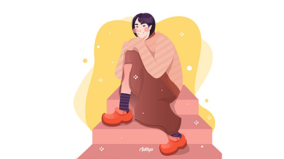 woman sitting on the stairs in a flat illustration animation art branding design flat illustration illustrator logo minimal vector