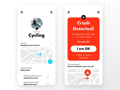 Crash Detection and Safety App activity aler app design automatic crash cycling detected fitness health help interface journal map mobile safe safety tracker ui warning