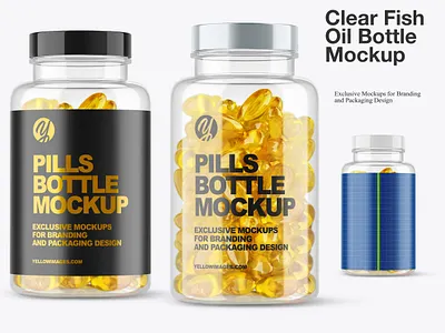 Clear Fish Oil Bottle Mockup amber bottle capsules cbd cla clear colored pills drugs fish oil golden layer medicine medicine pack nutrition omega omega 3 pill pills plastic screw cap softgels