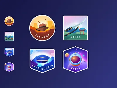 Gamification Badges astronaut aviator badge badges badges design cosmonaut design hat illustration indiana jones japan ninja planets space