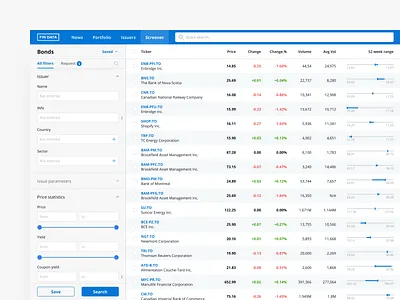 Screeners of financial platform bonds filter filters finance finance app financial financial app list product design screeners stocks web app design web application web application design