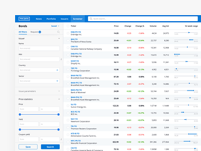 Screeners of financial platform bonds filter filters finance finance app financial financial app list product design screeners stocks web app design web application web application design