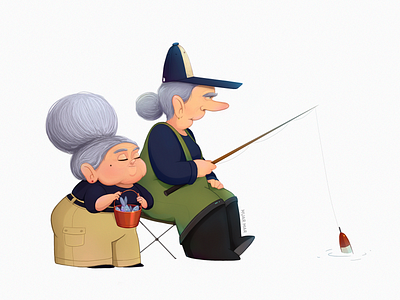 The babulechki 2d art cartoon character characterdesign concept cute doodle fish fisherman fisherwoman fishing grandma grandmother granny illustration old oldy sketch