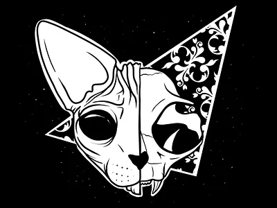 Half and half sphynx cat skull with baroque pattern animal animal skull baroque pattern black and white cat dark art dark illustration digital gothic art skull space sphynx cat sphynx skull