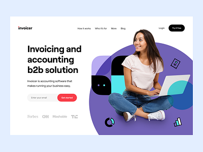 Invoicer: Landing page v2 accounting b2b budget customer service dashboard e finance finance financial services fintech invoicing landing landing page product design product page site web web design web site webdesign website