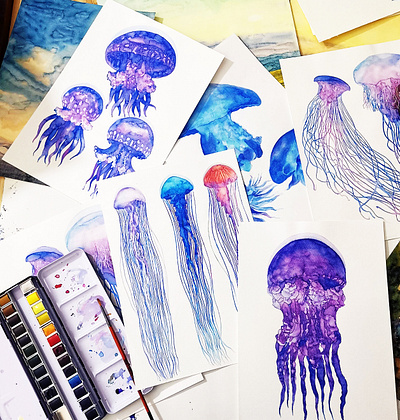 watercolor process, jellyfish art hand drawn handmade illustration jellyfish painting process underwater watercolor watercolor painting watercolour