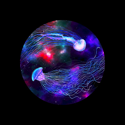 jellyfish in the galaxy abstact aquarium background brending design futuristic galaxy illustration jellyfish medusa neon poster space trendy underwater universe wall art watercolor