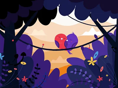 Birds in Love 2d animation adobe after effects animal animation bird illustration birds motion design motiondesignschool motiongraphics plant tree wood