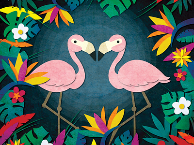 Flamingos in love animals flamingos flowers friendly illustration love moon night plants shadows