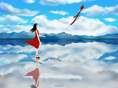 Kite girl illustration illustration practice punch kite lake sky