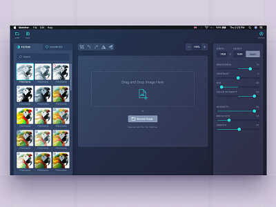 Sketcher Photo Editor app dark ui dashboard drag and drop editor filters interface mac minimal photo photo editor redesign settings sidebar simple ui upload ux