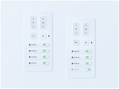 Alarm clock concept with neumorphic UI design grey mobile app design mobile design mobile ui neumorphic neumorphism skeumorphic skeumorphism skeuomorph ui ux vector white