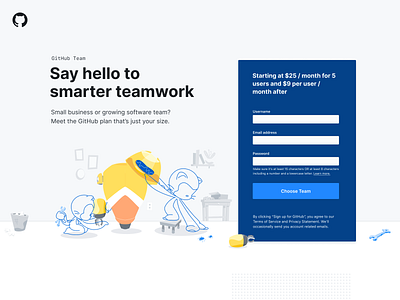 GitHub Team Landing Page form github illustration landing page marketing design sign up ui web design