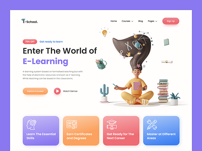 E-School. - Online Course Landing Page 3d courses design e learning education homepage illustration landing page minimal online class online courses online education teaching ui ui element uiux ux web web platform website