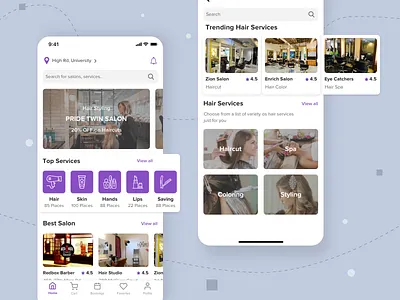 Beauty Salon App UI Kit app beauty beauty salon clean coloring design hair color hair salon haircut iphonex mobile purple services sketch spa studio styling ui ux