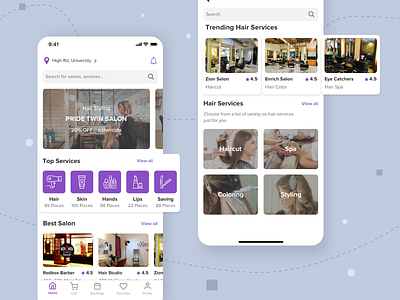 Beauty Salon App UI Kit app beauty beauty salon clean coloring design hair color hair salon haircut iphonex mobile purple services sketch spa studio styling ui ux