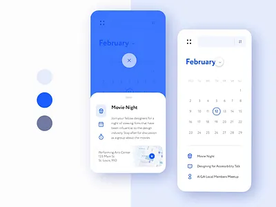 Designer Meetups App: Component States app blue calendar card challenge color daily daily ui design meetup minimal mobile monochromatic new palette phone product designer trends ui ux