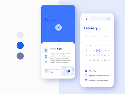 Designer Meetups App: Component States app blue calendar card challenge color daily daily ui design meetup minimal mobile monochromatic new palette phone product designer trends ui ux