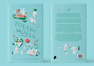 Poetry Moves - Book Cover animal astronaut blue book book cover book jacket bright clean egret flat illustration minimal outerspace pastel poem poetry print publishing red thread vector