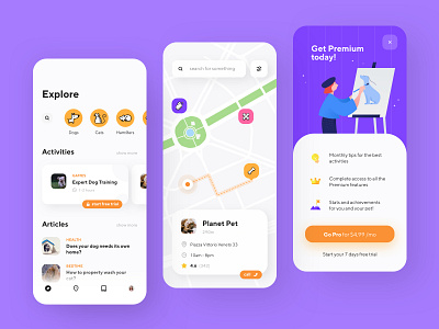 Animal caring app activities animal app articles cat concept creative design dog dribbble home illustration map premium pro shot ui