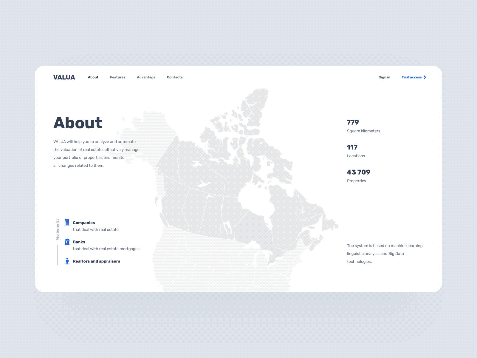 About page with geographical statistics about counter estate infographic map real estate scroll states statistics ui web design