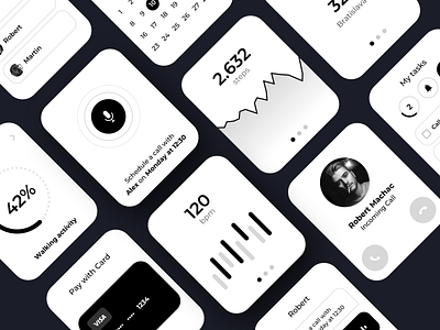 Watch UI kit apple apple watch blackandwhite bw card chart clean lifestyle minimalist money monochromatic monochrome pay smart steps uikit uxkit watch watchos wireframe