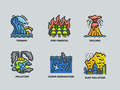 Climate Change 6 ICONS climate change climatechange color ecology flat global warming icon illustration line outline pollution tsunami volcano world