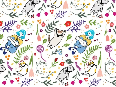 Girl and her cats cats colorful cute doodle floral graphic design illustration pattern pattern a day procreate surface pattern