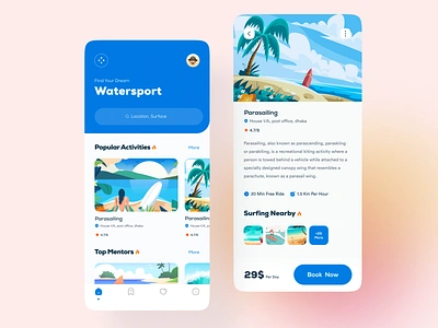 Surfing App app app design beach clean ui design illustration ios minimal mobile mobile app mobile app design surf app surfboard surfing surfing app travel travel app typography ui uiux