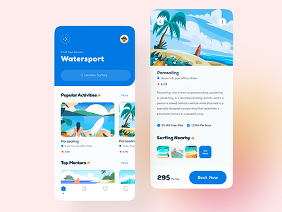 Surfing App app app design beach clean ui design illustration ios minimal mobile mobile app mobile app design surf app surfboard surfing surfing app travel travel app typography ui uiux