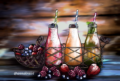 Fruits and smoothies basket blueberries food fresh fruit herbs illustration raspberries strawberries table