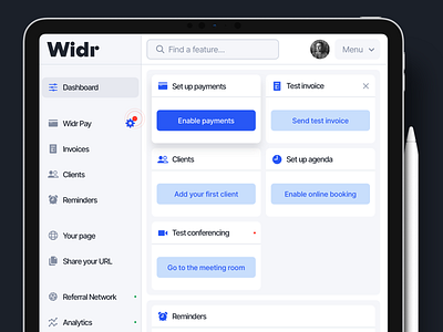 Widr for iPad admin billing dashboard finance fintech invoice invoicing ipad legaltech menu mobile money navigation settings tablet