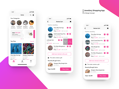 Jewellery Shopping App account appdesign banner cart category design gift home screen ios app design ios design jewellery app jewellery shop order save ui uidesign visual identity