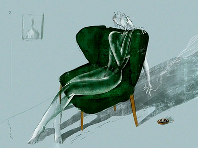Ghost girl 2d armchair character cigarette ghost girl green illustration ipad pro lonely naked procreate room smoke smoker