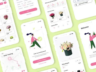 Flower delivery app app delivery delivery app design flower flower delivery fun green illustrator ilustration minimal onboarding pink simple ui