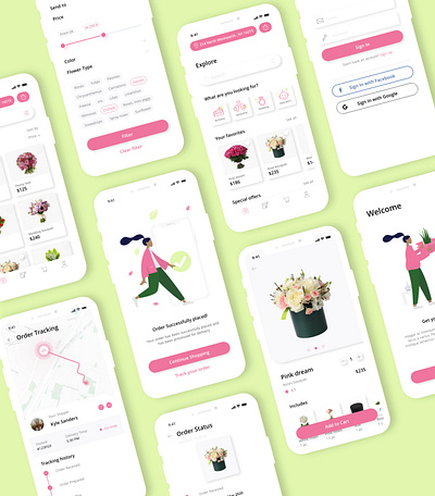 Flower delivery app app delivery delivery app design flower flower delivery fun green illustrator ilustration minimal onboarding pink simple ui
