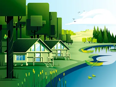 forest rest blue boat duck forest green house illustration lake landscape nature relax rest resthouse sly summer ui vector vector artwork vector illustration water