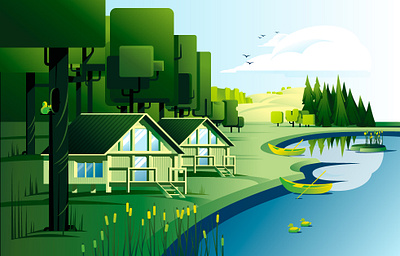 forest rest blue boat duck forest green house illustration lake landscape nature relax rest resthouse sly summer ui vector vector artwork vector illustration water