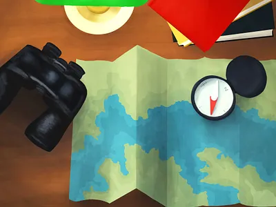 Desk scene: navigation and wayfinding binoculars compass desk desk lamp illustration lamp map naveon navigation wayfinding