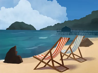 Beach scene beach beach chair clouds dock illustration island naveon ocean pier shore summer