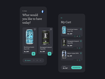 Beer App UI Concept - Dark Theme alchohol beer beer app beer can cart dark dark app dark app ui dark mode dark theme dark ui explorations modern design my cart ui ui design uiux user inteface xd design xddailychallenge