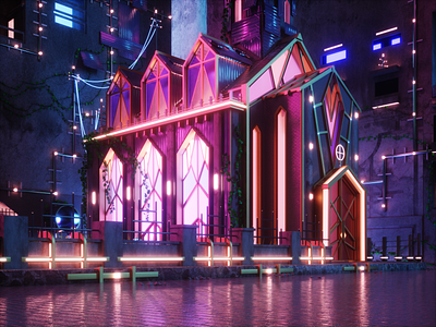 Neon Church 3d building c4d chrome cinema 4d city future future religion graveyard ivy neon neon church neon lights octane pittsburgh religion