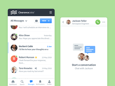 ClearanceJobs • Chat Dedicated Page careers chat chat page jobs minimal mobile mobile design mobile web app network security uidesign uiux uiuxdesign uiuxdesigner web app design webapp