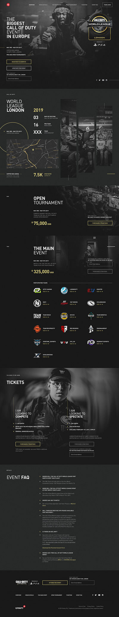 Call of Duty World League: London Event Site data esports event gaming home homepage layout sports tournament