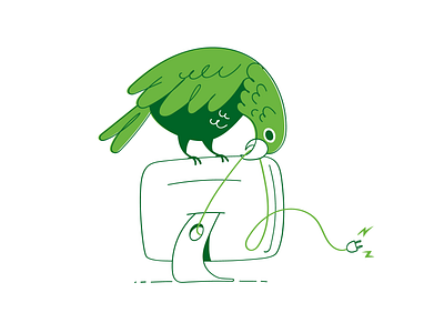 Kea on computer bird cheeky computer green illustration imac kea mischief nz parrot power cable